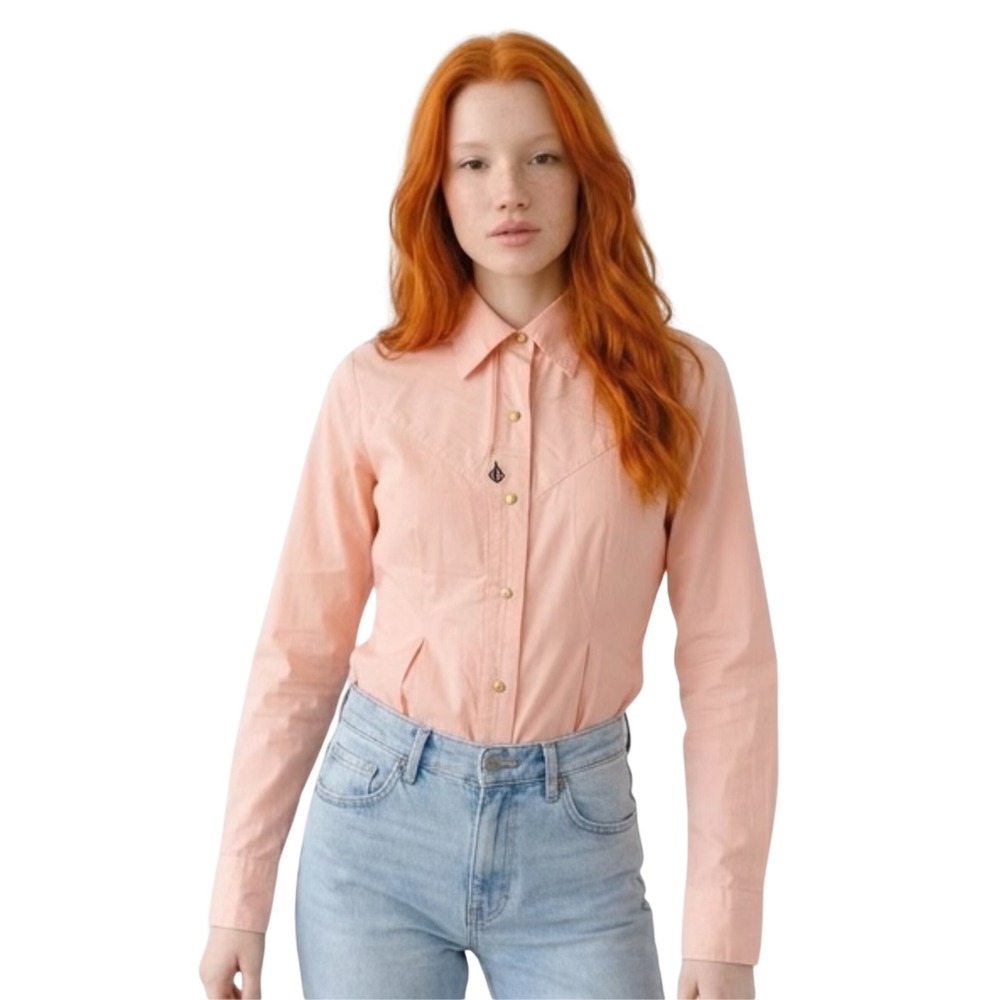 Volcom Hudson Peach Pink Western Button Down Shirt Womens XS B054301 Cotton